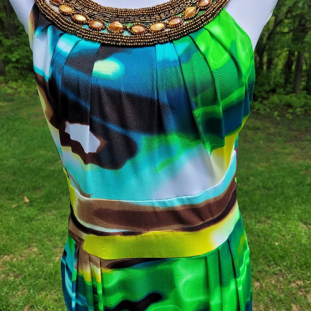 Bisou Bisou Blue & Green Watercolor Dress w/ Copper Embellished Neckline size 14 - Picture 6 of 12